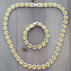 12.5mm Yellow Square Halo Diamond Chain Rhinestones Silver Plated N+ B Set